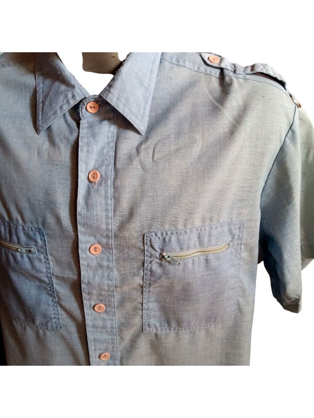 True Vintage Kennington Shirt Medium Blue Zippered Pockets 197s 80s Nerd Indy